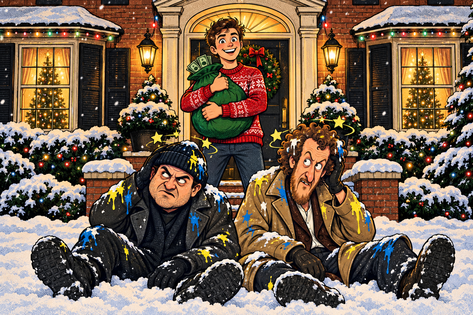 The holder protects the bag at the warm doorway while both paint-covered jeeters sit defeated in the snow.